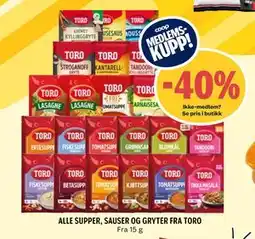 Coop Prix ALLE SUPPER, SAUSER OG GRYTER FRA TORO tilbud
