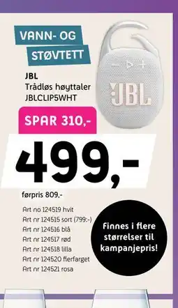 ELON JBL Trådløs høyttaler JBLCLIP5WHT, Medlemspris tilbud