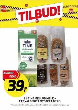 Bunnpris 1 L TINE MELLOMMELK + ETT VALGFRITT NYSTEKT BRØD tilbud