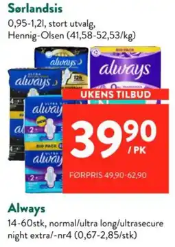 Jacobs Always normal/ultra long/ultrasecure night extra/-nr4 tilbud
