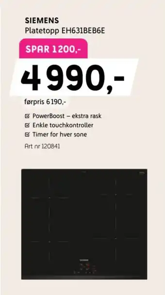 ELON Siemens Platetopp EH631BEB6E tilbud