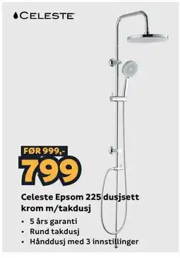 Megaflis Celeste Epsom 225 dusjsett krom m/takdusj tilbud