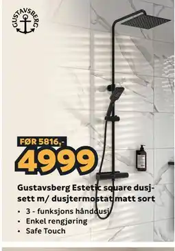 Megaflis Gustavsberg Estetic square dusjsett m/ dusjtermostat matt sort tilbud