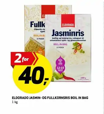 Bunnpris Eldorado jasmin- og fullkornsris boil in bag tilbud