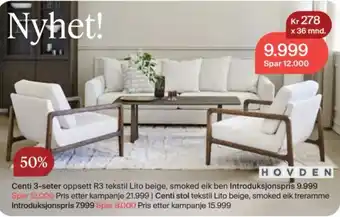 Hovden Centi 3-seter oppsett R3 tekstil Lito beige, smoked eik ben