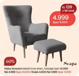 Møbelringen Scapa Habo lenestol tekstil Irma linen, hvitoljet ben tilbud
