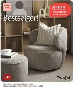 Møbelringen Scapa Mia stol med sving tekstil Shaun beige tilbud