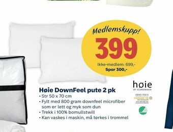 Coop Extra Høie DownFeel pute 2 pk tilbud