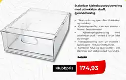 Clas Ohlson Stabelbar kjøleskapsoppbevaring med uttrekkbar skuff, gjennomsiktig tilbud