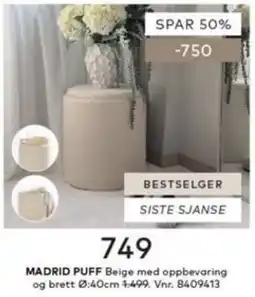 Skeidar Madrid Puff Beige med oppbevaring og brett tilbud