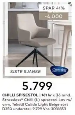 Skeidar Stressless Chilli spisestol Lav m/ arm. Tekstil Calido Light Beige sort tilbud
