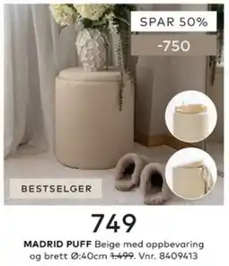 Skeidar Madrid Puff Beige med oppbevaring og brett tilbud
