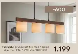 Skeidar Pendel i brunbeiset tre med 4 beige skjermer. E14 tilbud