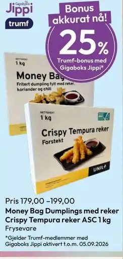 Gigaboks Money Bag Dumplings med reker Crispy Tempura reker ASC 1 kg tilbud