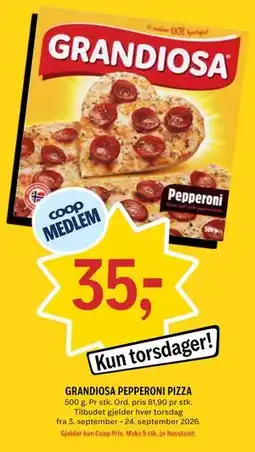 Coop Prix GRANDIOSA PEPPERONI PIZZA, Medlemspris tilbud