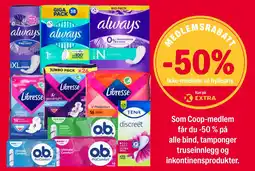 Coop Extra Coop-medlem bind tamponer truseinnlegg inkontinensprodukter tilbud