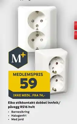 Megaflis Elko stikkontakt dobbel innfelt/ påvegg RS16 hvit, Medlemspris tilbud