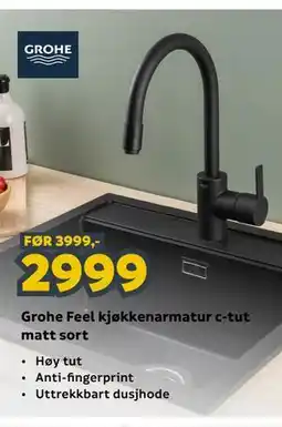 Megaflis Grohe Feel kjøkkenarmatur c-tut matt sort tilbud