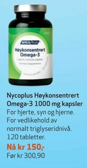 Apotek 1 Nycoplus Høykonsentrert Omega-3 1000 mg kapsler tilbud