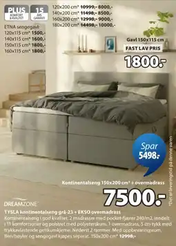 JYSK Dreamzone tysla kontinentalseng grå-23 + eksko overmadrass tilbud