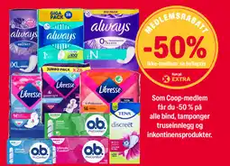 Coop Extra Coop-medlem bind tamponer truseinnlegg inkontinensprodukter tilbud