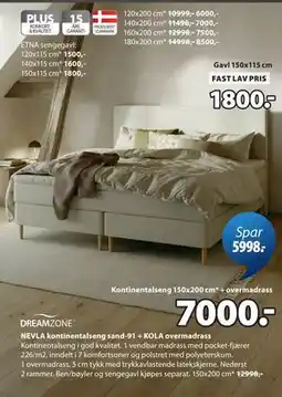 JYSK NEVLA kontinentalseng sand-91 + KOLA overmadrass tilbud