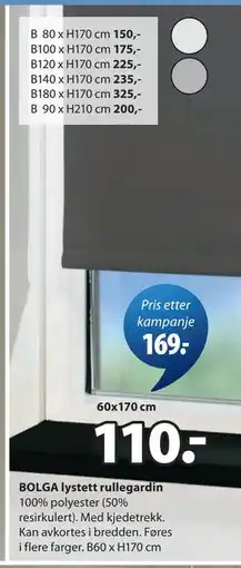 JYSK BOLGA lystett rullegardin tilbud