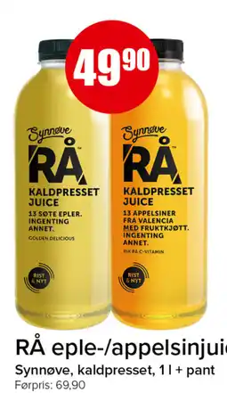 Eurospar Synnøve rå eple-/appelsinjuice tilbud