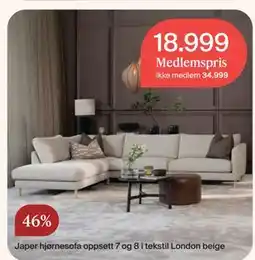 Møbelringen Japer hjørnesofa oppsett 7 og 8 i tekstil London beige tilbud