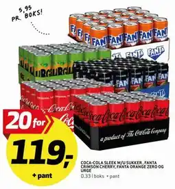 Bunnpris COCA-COLA SLEEK M/U SUKKER, FANTA CRIMSON CHERRY, FANTA ORANGE ZERO OG URGE tilbud