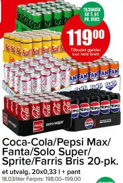 Spar Coca-Cola/Pepsi Max/ Fanta/Solo Super/ Sprite/Farris Bris 20-pk tilbud