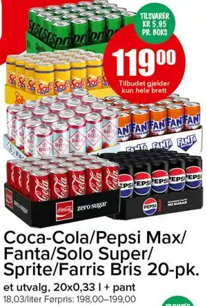 Coca-Cola/Pepsi Max/ Fanta/Solo Super/ Sprite/Farris Bris 20-pk