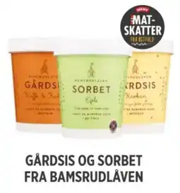 Meny Gårdsis og sorbet fra bamsrudlåven tilbud