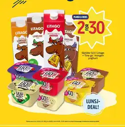 Coop Prix Litago melk + Tine go'morgen yoghurt tilbud