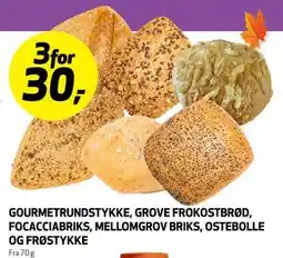 Bunnpris GOURMETRUNDSTYKKE, GROVE FROKOSTBRØD, FOCACCIABRIKS, MELLOMGROV BRIKS, OSTEBOLLE OG FRØSTYKKE tilbud