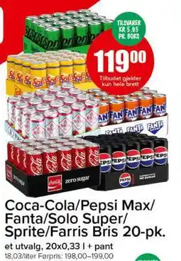 Spar Coca-Cola/Pepsi Max/Fanta/Solo Super/Sprite/Farris Bris 20-pk tilbud