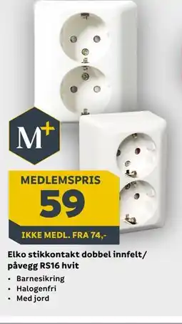 Megaflis Elko stikkontakt dobbel innfelt/ p vegg RS16 hvit, Medlemspris tilbud