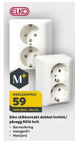 Megaflis Elko stikkontakt dobbel innfelt/ påvegg RS16 hvit, Medlemspris tilbud