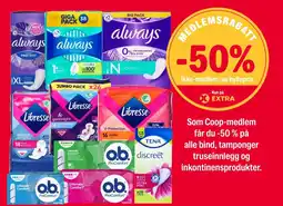 Coop Extra Coop-medlem bind tamponer truseinnlegg inkontinensprodukter tilbud