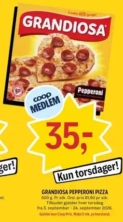 Coop Prix GRANDIOSA PEPPERONI PIZZA, Medlemspris tilbud