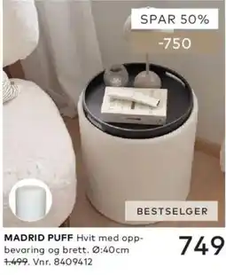 Skeidar Madrid Puff Hvit med oppbevaring og brett tilbud