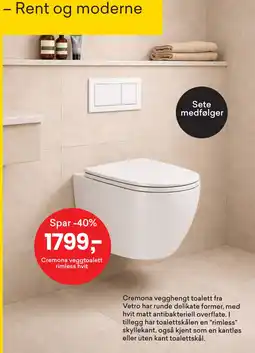 Right Price Tiles Vetro Cremona vegghengt toalett rimless hvit tilbud