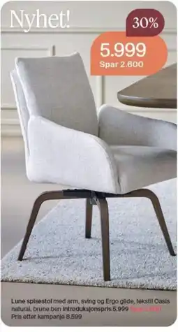Møbelringen Lune spisestol med arm, sving og Ergo glide, tekstil Oasis natural, brune ben tilbud