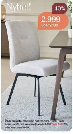 Møbelringen Vinda spisestol med sving og Ergo glide, tekstil Brego belge, svarte ben tilbud