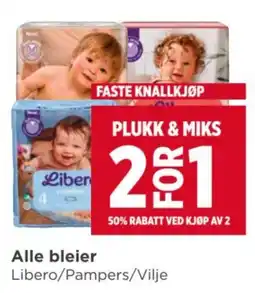 Meny Alle bleier Libero/Pampers/Vilje tilbud