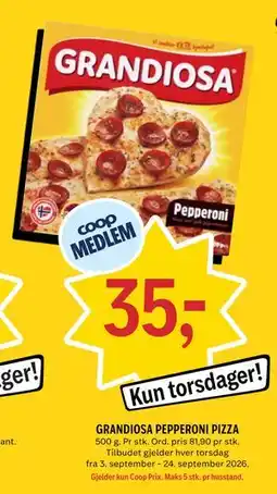 Coop Prix GRANDIOSA PEPPERONI PIZZA, Medlemspris tilbud