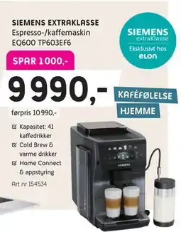 ELON SIEMENS EXTRAKLASSE Espresso-/kaffemaskin EQ600 TP603EF6 tilbud