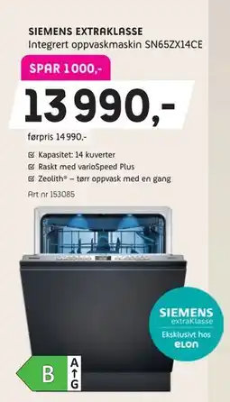 ELON SIEMENS EXTRAKLASSE Integrert oppvaskmaskin SN65ZX14CE tilbud
