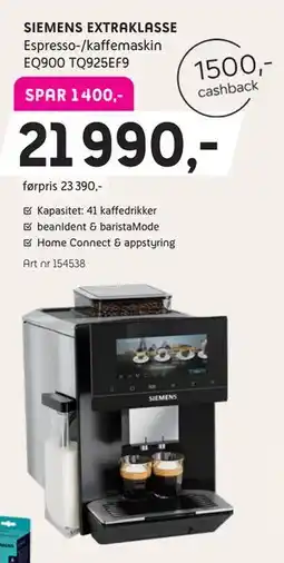 ELON SIEMENS EXTRAKLASSE Espresso-/kaffemaskin EQ900 TQ925EF9 tilbud