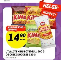 Bunnpris UTVALGTE KIMS POTETGULL 200 G OG CHEEZ DOODLES 120 G tilbud